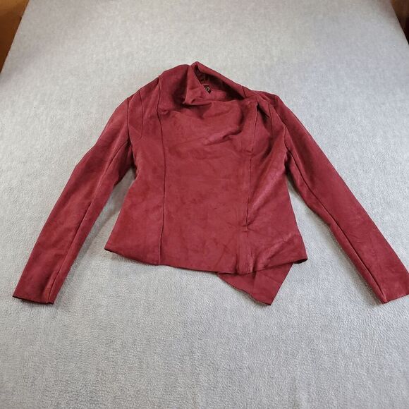 Windsor Jacket Women Small Red Motorcycle Faux Suede Long Sleeve Drape Front Zip - Picture 1 of 11